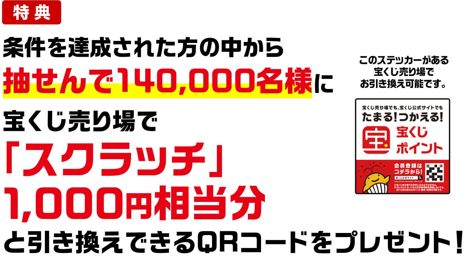 特典 条件を達成された方の中から抽せんで140,000名様に宝くじ売り場で「スクラッチ」1,000円相当分と引き換えできるQRコードをプレゼント! このステッカーがある宝くじ売り場でお引き換え可能です。
