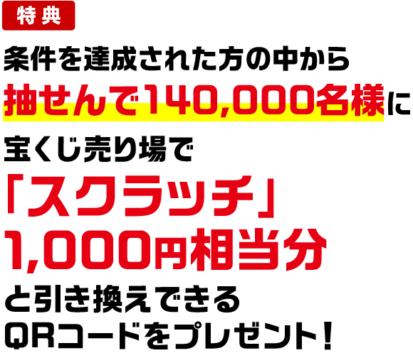 特典 条件を達成された方の中から抽せんで140,000名様に宝くじ売り場で「スクラッチ」1,000円相当分と引き換えできるQRコードをプレゼント!