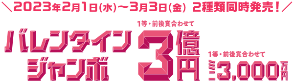 2023年2月1日(水)~3月3日(金) 2種類同時発売! バレンタインジャンボ 1等・前後賞合わせて3億円 ミニ 1等・前後賞合わせて 3,000万円