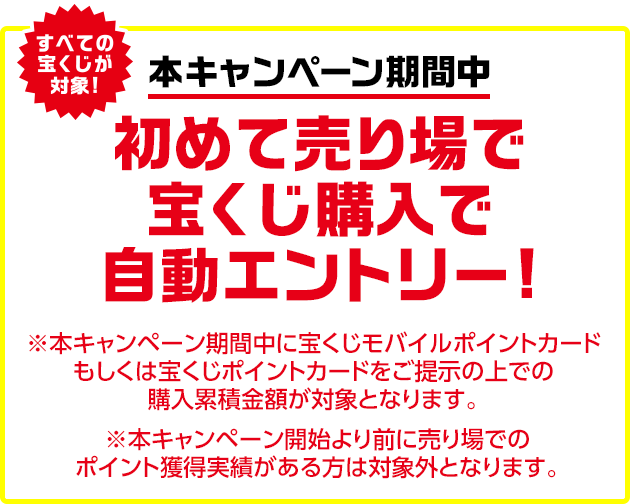 すべての宝くじが対象! 本キャンペーン期間中 初めて売り場で宝くじ購入で自動エントリー! ※本キャンペーン期間中に宝くじモバイルポイントカードもしくは宝くじポイントカードをご提示の上での購入累積金額が対象となります。 ※本キャンペーン開始より前に売り場でのポイント獲得実績がある方は対象外となります。