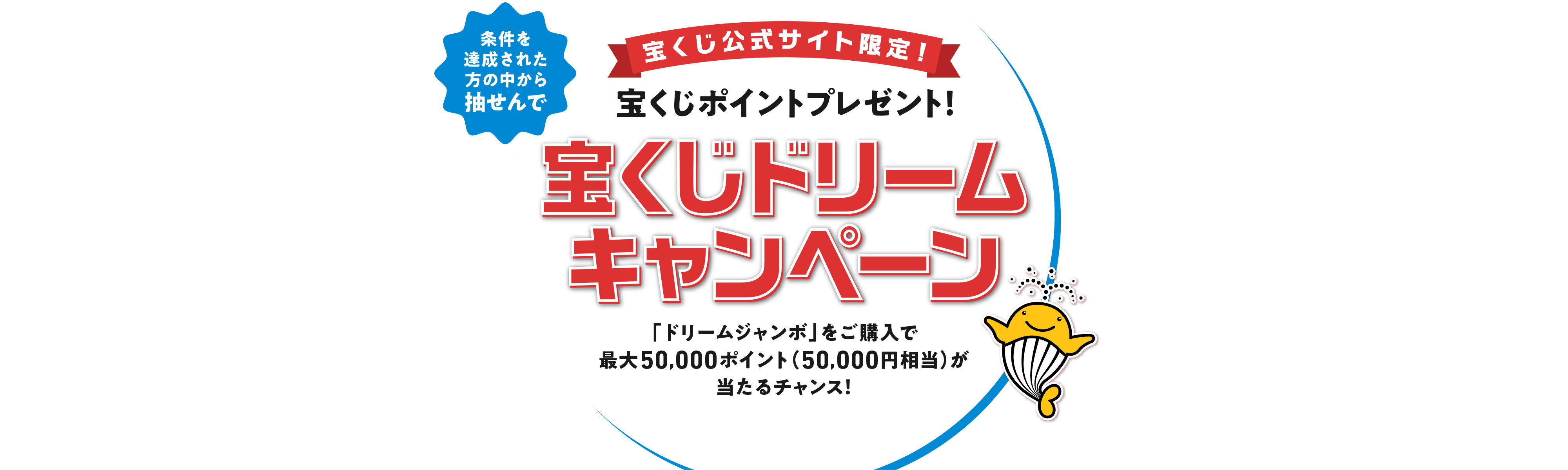 宝くじ公式サイト限定！条件を達成された方の中から抽せんで 宝くじポイントプレゼント！ 宝くじドリームキャンペーン 「ドリームジャンボ」をご購入で最大50,000ポイント（50,000円相当）が当たるチャンス！