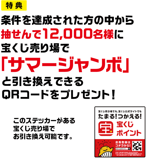 特典 条件を達成された方の中から抽せんで12,000名様に宝くじ売り場で「サマージャンボ」と引き換えできるQRコードをプレゼント! このステッカーがある宝くじ売り場でお引き換え可能です。