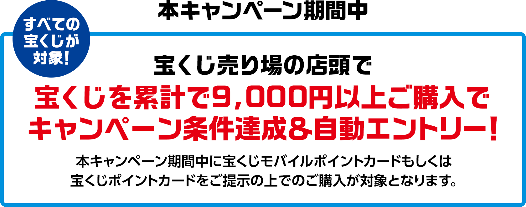 本キャンペーン期間中 すべての宝くじが対象！ 宝くじ売り場の店頭で宝くじを累計で9,000円以上ご購入でキャンペーン条件達成&自動エントリー！本キャンペーン期間中に宝くじモバイルポイントカードもしくは宝くじポイントカードをご提示の上でのご購入が対象となります。