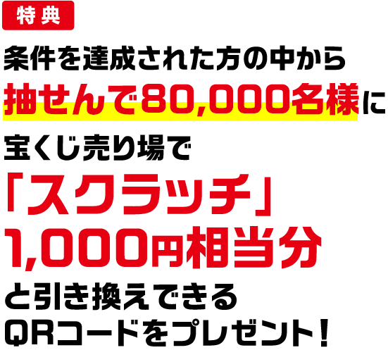 特典 条件を達成された方の中から抽せんで80,000名様に宝くじ売り場で「スクラッチ」1,000円相当分と引き換えできるQRコードをプレゼント!