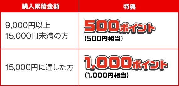 購入累積金額:9,000円以上15,000円未満の方 特典:宝くじポイント500ポイント(500円相当) 購入累積金額:15,000円に達した方 特典:宝くじポイント1,000ポイント(1,000円相当)