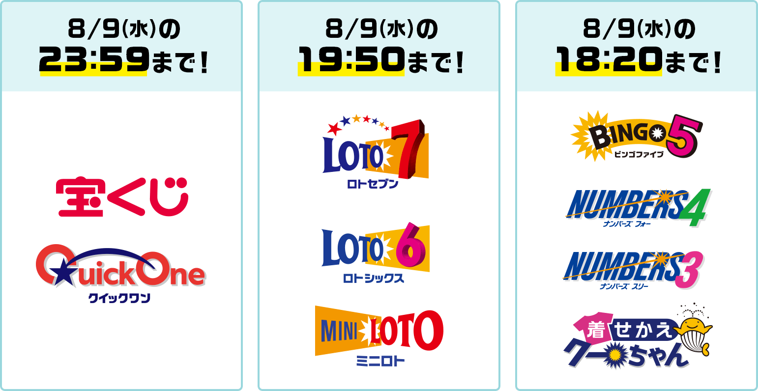 8/9(水)の23:59まで 宝くじ クイックワン 8/9(水)の19:50まで ロトセブン ロトシックス ミニロト 8/9(水)の18:20まで ビンゴファイブ ナンバーズフォー ナンバーズスリー 着せかえクーちゃん