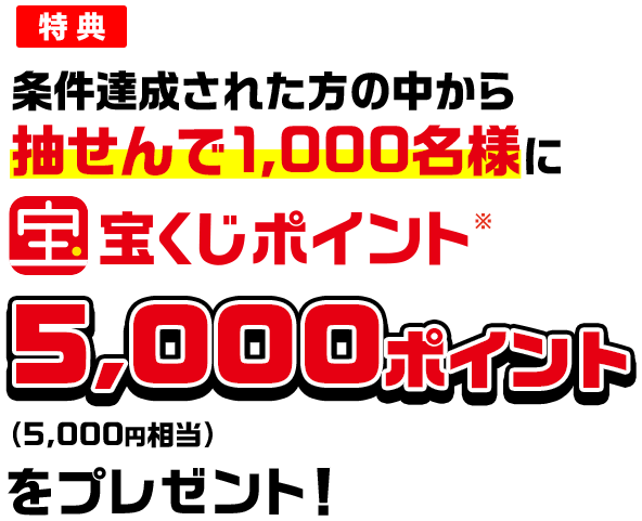 特典 条件達成された方の中から抽せんで1,000名様に宝くじポイント※5,000ポイント(5,000円相当)をプレゼント!