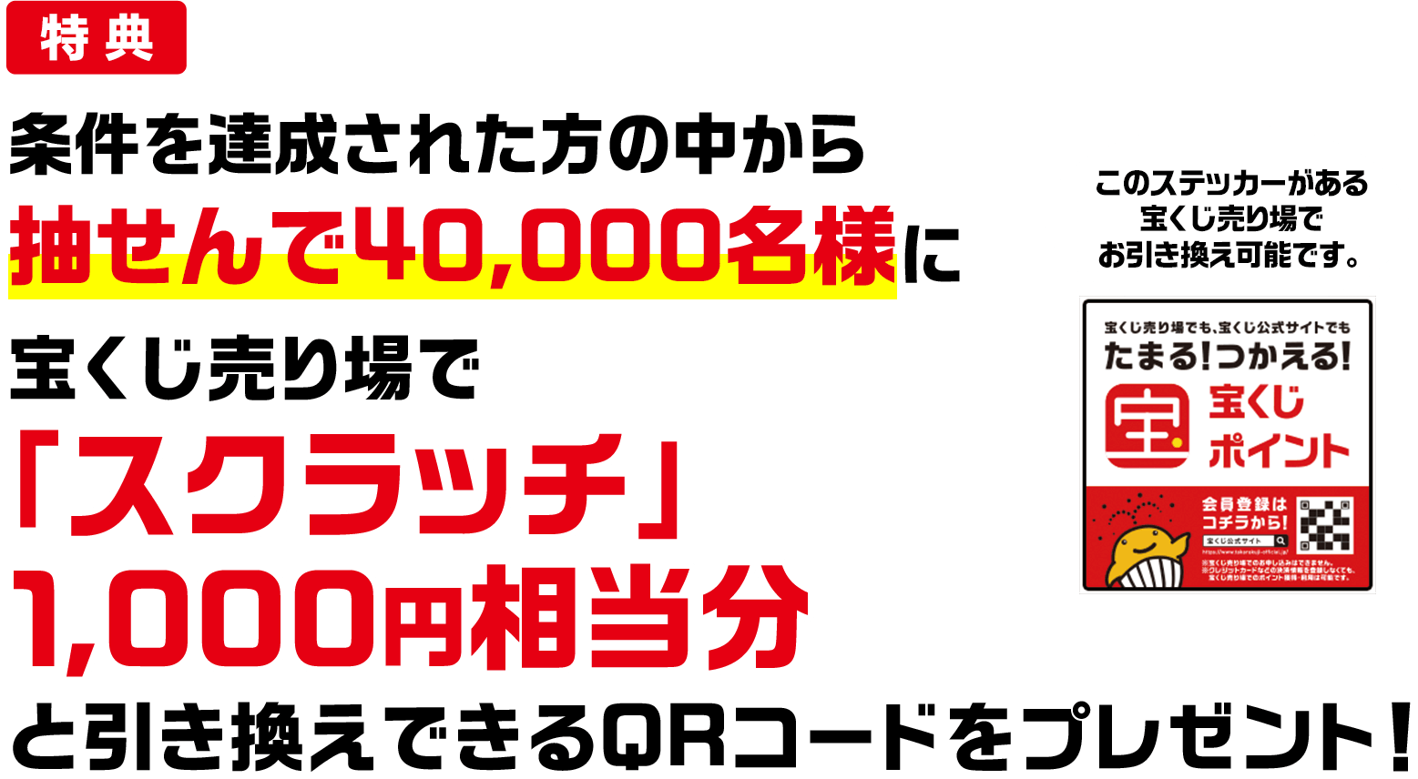 特典 条件を達成された方の中から抽せんで40,000名様に宝くじ売り場で「スクラッチ」1,000円相当分と引き換えできるQRコードをプレゼント! このステッカーがある宝くじ売り場でお引き換え可能です。