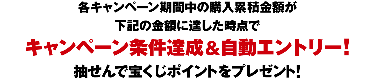 各キャンペーン期間中の購入累積金額が下記の金額に達した時点でキャンペーン条件達成＆自動エントリー！抽せんで宝くじポイントをプレゼント！
