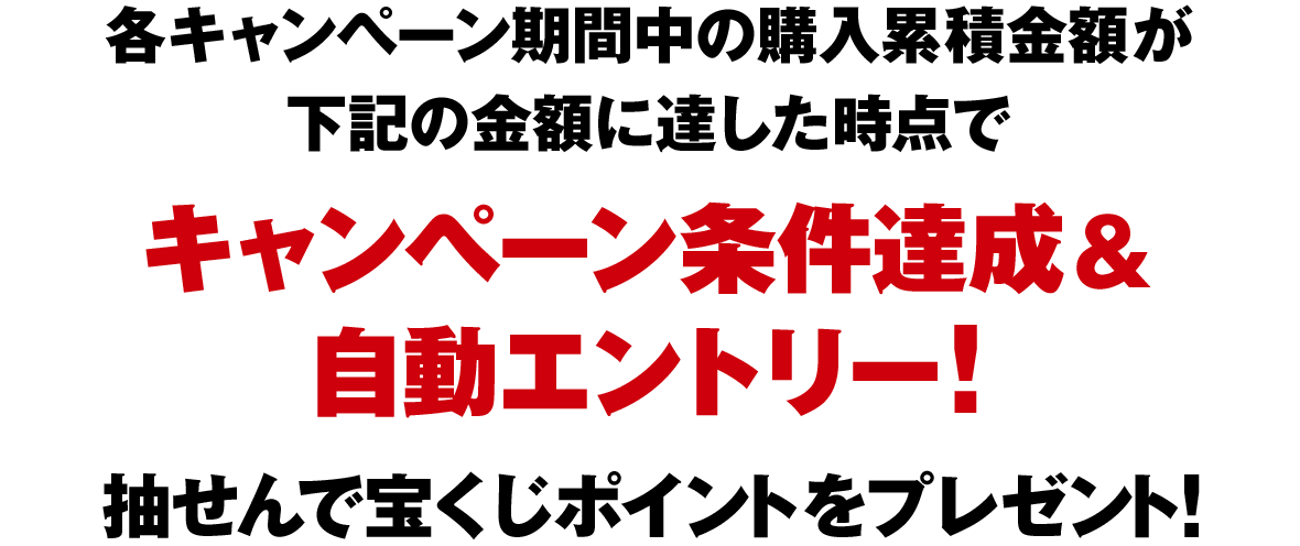各キャンペーン期間中の購入累積金額が下記の金額に達した時点でキャンペーン条件達成＆自動エントリー！抽せんで宝くじポイントをプレゼント！