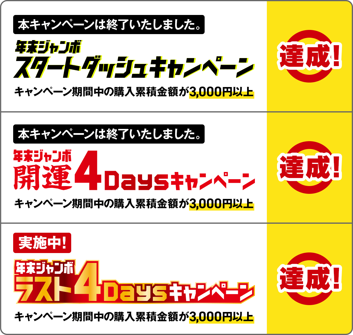 本キャンペーンは終了いたしました。年末ジャンボ スタートダッシュキャンペーン キャンペーン期間中の購入累積金額が3,000円以上 達成 本キャンペーンは終了いたしました。年末ジャンボ 開運4Daysキャンペーン キャンペーン期間中の購入累積金額が3,000円以上 達成 実施中! 年末ジャンボ ラスト4Daysキャンペーン キャンペーン期間中の購入累積金額が3,000円以上 達成