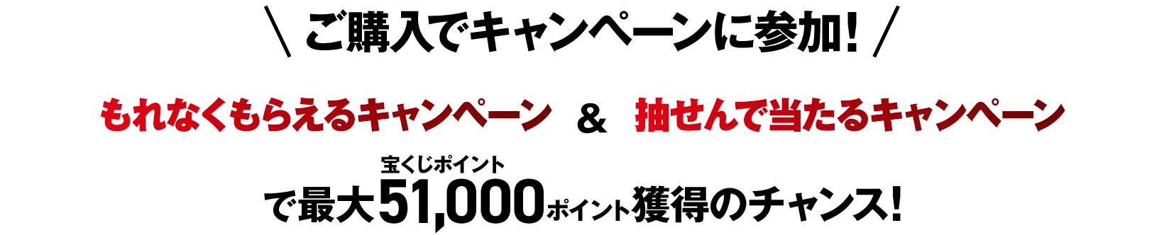 ご購入でキャンペーンに参加！もれなくもらえるキャンペーン＆抽せんで当たるキャンペーンで最大宝くじポイント51,000ポイント獲得のチャンス！