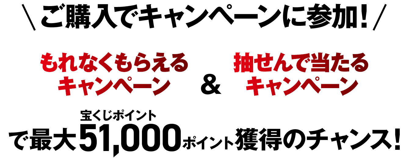 ご購入でキャンペーンに参加！もれなくもらえるキャンペーン＆抽せんで当たるキャンペーンで最大宝くじポイント51,000ポイント獲得のチャンス！