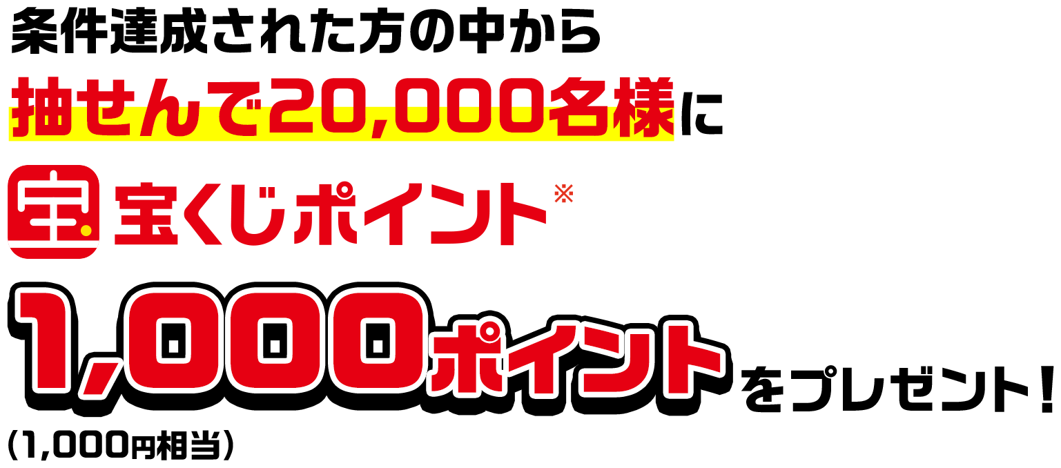 条件達成された方の中から抽せんで20,000名様に宝くじポイント※1,000ポイント(1,000円相当)をプレゼント!