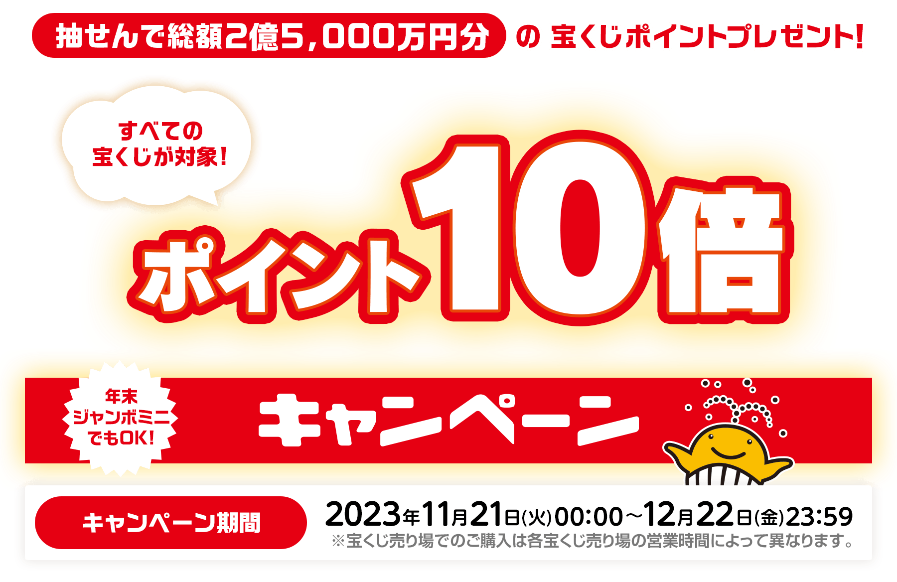 すべての宝くじが対象! 抽せんで総額2億5,000万円分の宝くじポイントプレゼント！ポイント10倍キャンペーン 年末ジャンボミニでもOK! キャンペーン期間：2023年11月21日(火)00:00〜12月22日(金)23:59 ※宝くじ売り場でのご購入は各宝くじ売り場の営業時間によって異なります。