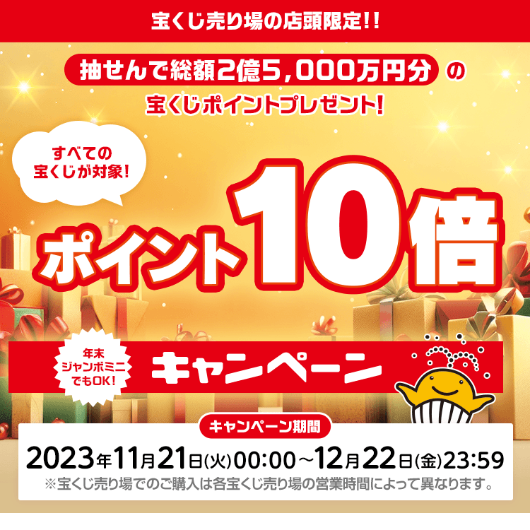 宝くじ売り場の店頭限定 すべての宝くじが対象! 抽せんで総額2億5,000万円分の宝くじポイントプレゼント！ポイント10倍キャンペーン 年末ジャンボミニでもOK! キャンペーン期間：2023年11月21日(火)00:00〜12月22日(金)23:59 ※宝くじ売り場でのご購入は各宝くじ売り場の営業時間によって異なります。