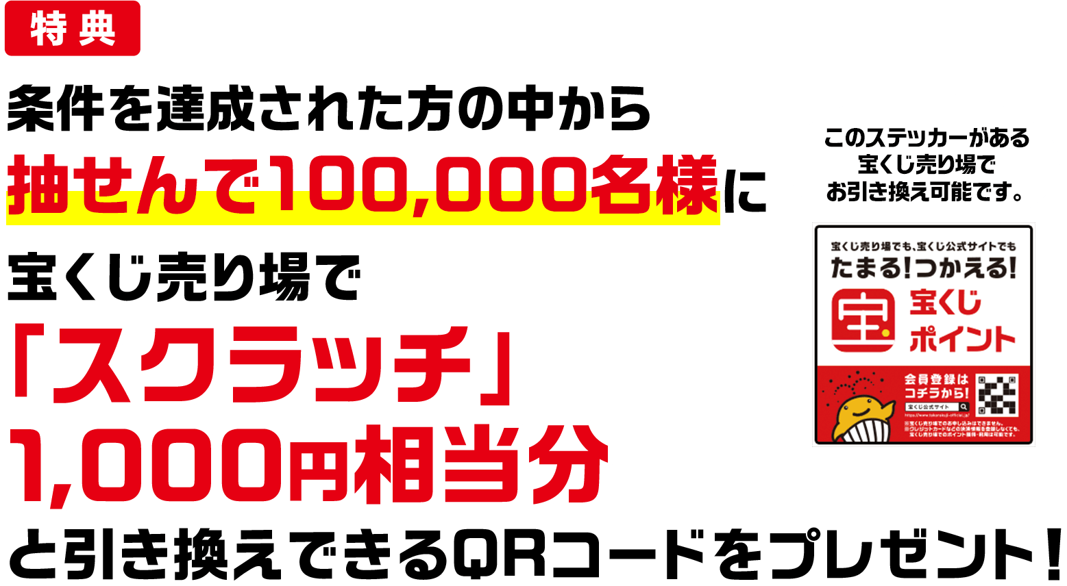 特典 条件を達成された方の中から抽せんで100,000名様に宝くじ売り場で「スクラッチ」1,000円相当分と引き換えできるQRコードをプレゼント! このステッカーがある宝くじ売り場でお引き換え可能です。