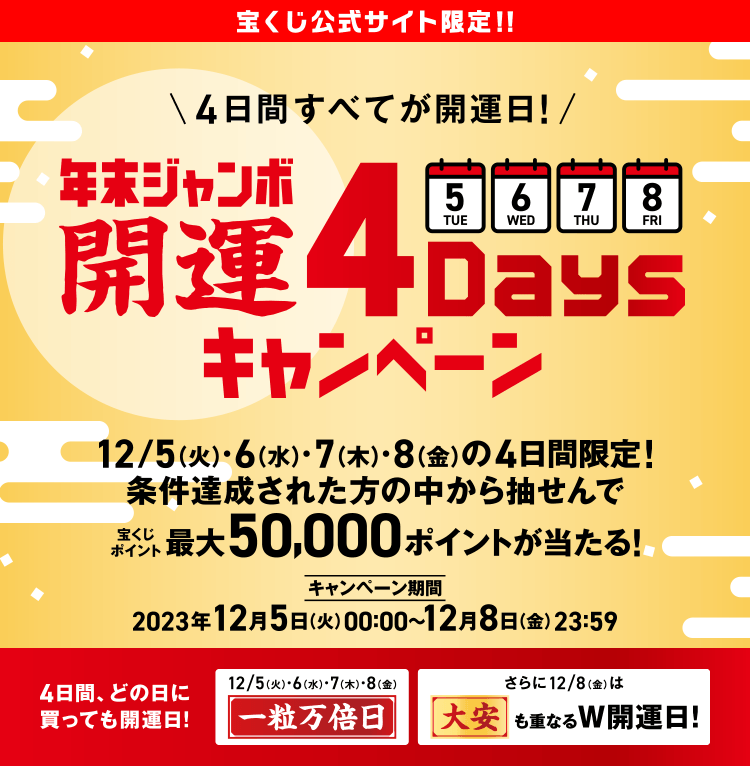 宝くじ公式サイト限定！！ 4日間すべてが開運日！ 年末ジャンボ 開運4Daysキャンペーン 12/5(火)・6(水)・7(木)・8(金)の4日間限定！条件達成された方の中から抽せんで宝くじポイント最大50,000ポイントが当たる！ キャンペーン期間 2023年12月5日(火)00:00〜12月8日(金)23:59 4日間、どの日に買っても開運日！12/5(火)・6(水)・7(木)・8(金)一粒万倍日 さらに12/8(金)は大安も重なるW開運日！