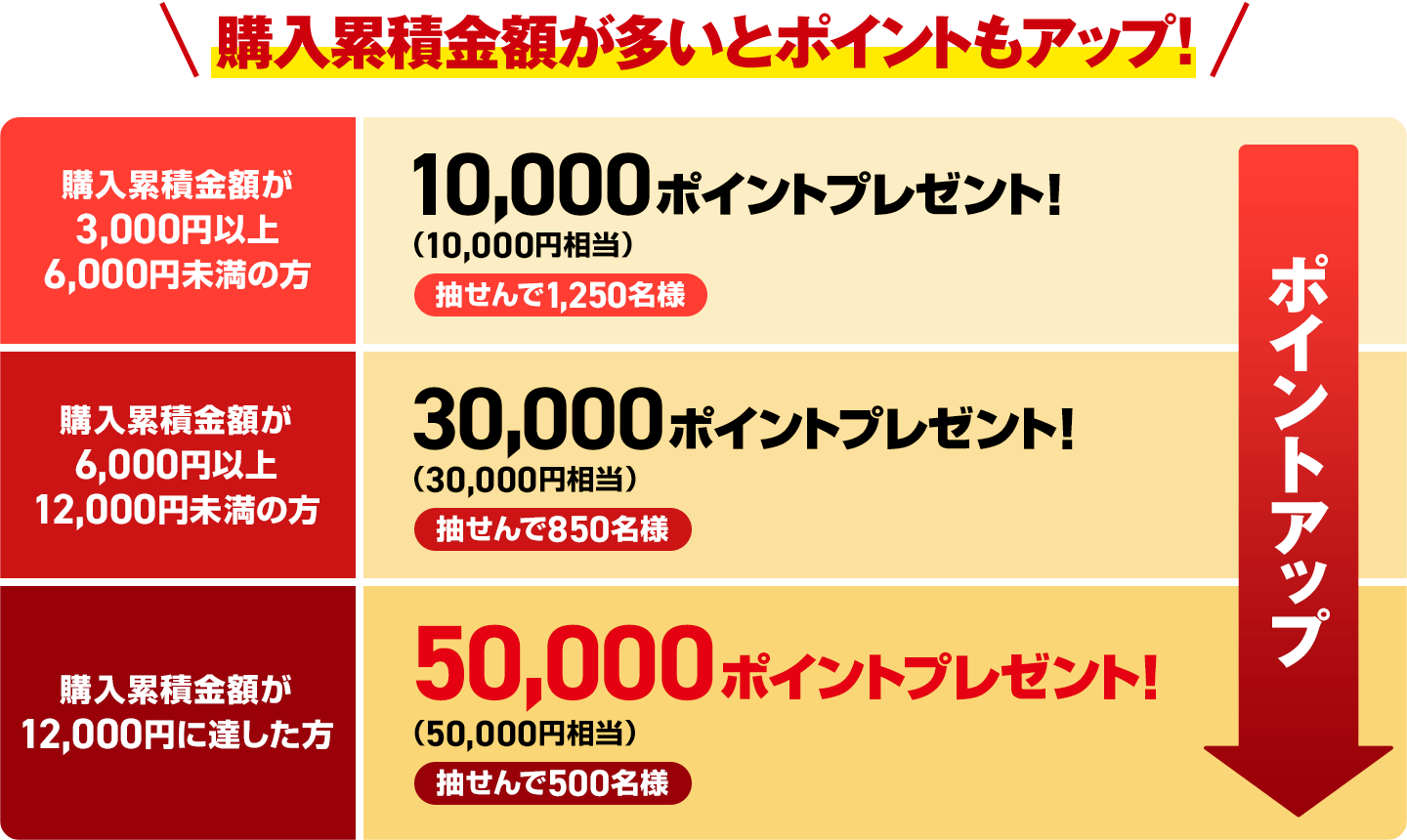 購入累積金額が多いとポイントもアップ！購入累積金額が3,000円以上6,000円未満の方 10,000ポイントプレゼント！（10,000円相当）抽せんで1,250名様 購入累積金額が6,000円以上12,000円未満の方 30,000ポイントプレゼント！（30,000円相当）抽せんで850名様 購入累積金額が12,000円に達した方 50,000ポイントプレゼント！（50,000円相当）抽せんで500名様 ポイントアップ