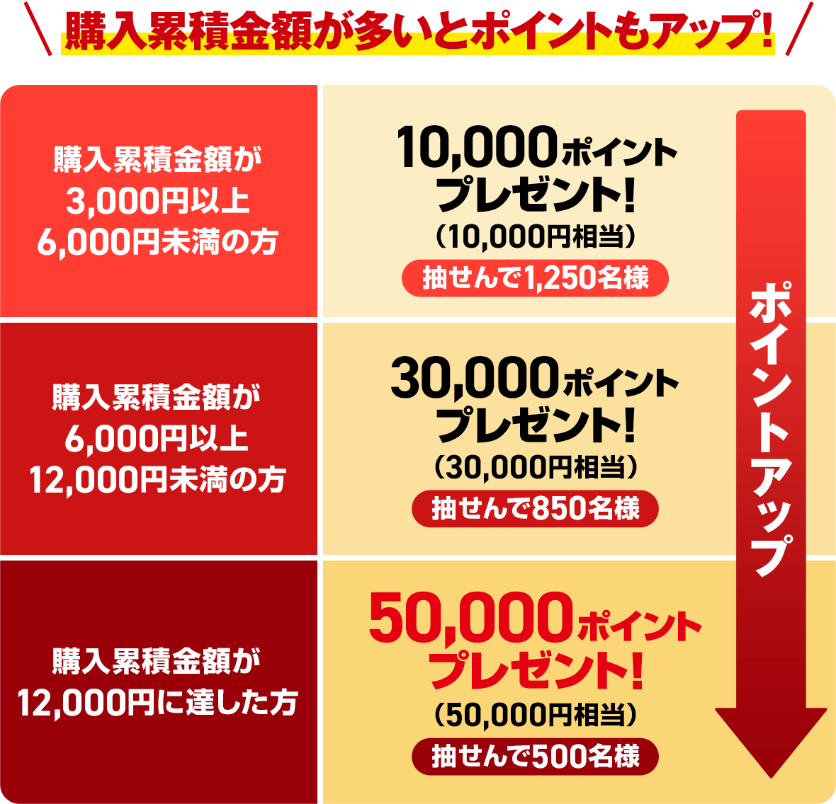 購入累積金額が多いとポイントもアップ！購入累積金額が3,000円以上6,000円未満の方 10,000ポイントプレゼント！（10,000円相当）抽せんで1,250名様 購入累積金額が6,000円以上12,000円未満の方 30,000ポイントプレゼント！（30,000円相当）抽せんで850名様 購入累積金額が12,000円に達した方 50,000ポイントプレゼント！（50,000円相当）抽せんで500名様 ポイントアップ