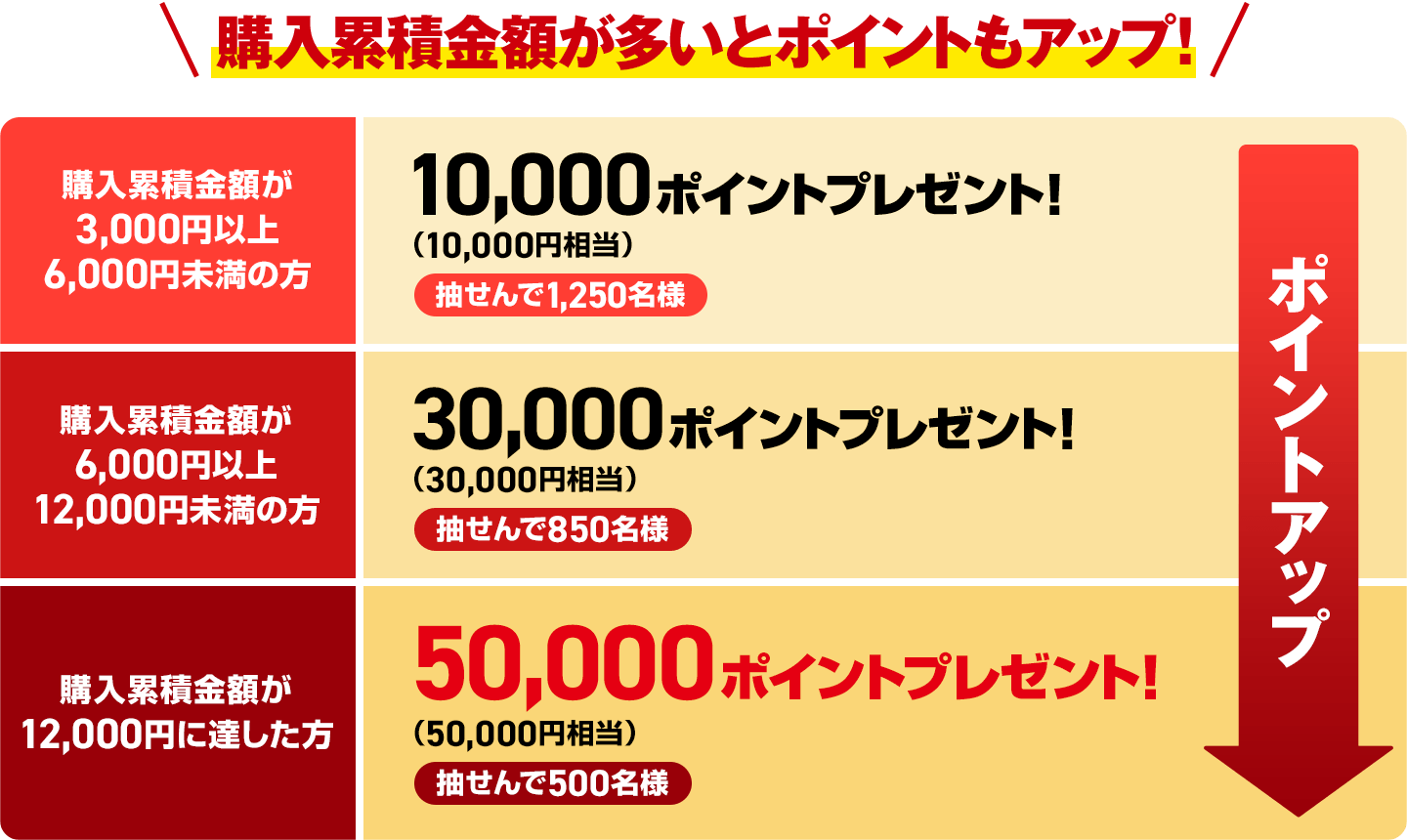 購入累積金額が多いとポイントもアップ!購入累積金額が3,000円以上6,000円未満の方 10,000ポイントプレゼント!(10,000円相当)抽せんで1,250名様 購入累積金額が6,000円以上12,000円未満の方 30,000ポイントプレゼント!(30,000円相当)抽せんで850名様 購入累積金額が12,000円に達した方 50,000ポイントプレゼント!(50,000円相当)抽せんで500名様 ポイントアップ