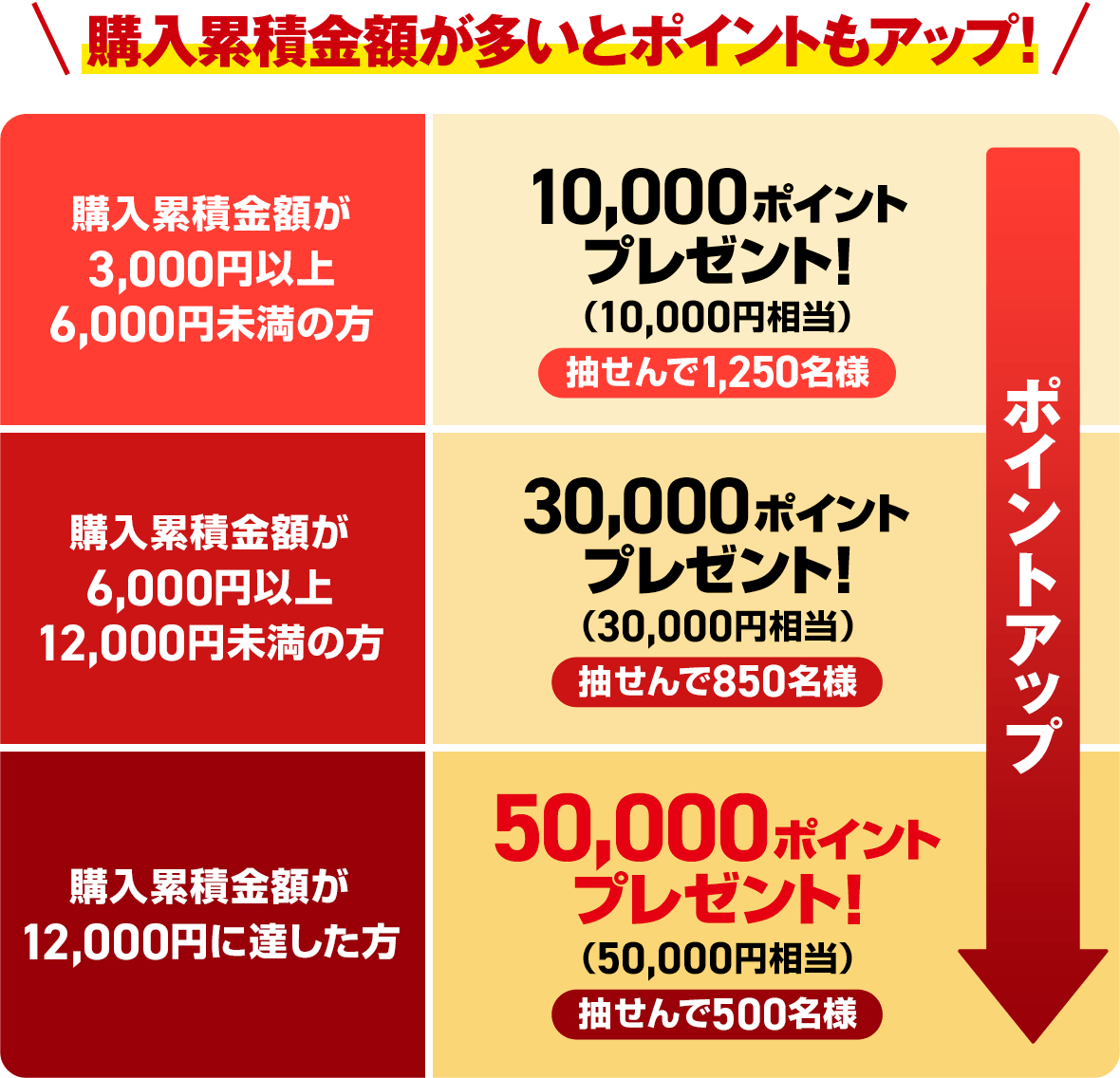 購入累積金額が多いとポイントもアップ!購入累積金額が3,000円以上6,000円未満の方 10,000ポイントプレゼント!(10,000円相当)抽せんで1,250名様 購入累積金額が6,000円以上12,000円未満の方 30,000ポイントプレゼント!(30,000円相当)抽せんで850名様 購入累積金額が12,000円に達した方 50,000ポイントプレゼント!(50,000円相当)抽せんで500名様 ポイントアップ