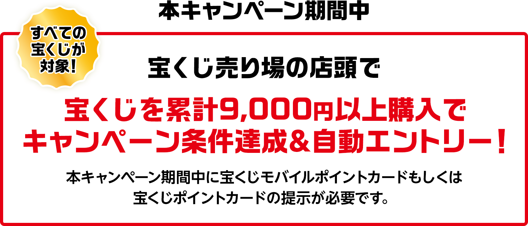 すべての宝くじが対象! 本キャンペーン期間中 宝くじ売り場の店頭で宝くじを累計9,000円以上購入でキャンペーン条件達成&自動エントリー!本キャンペーン期間中に宝くじモバイルポイントカードもしくは宝くじポイントカードの提示が必要です。