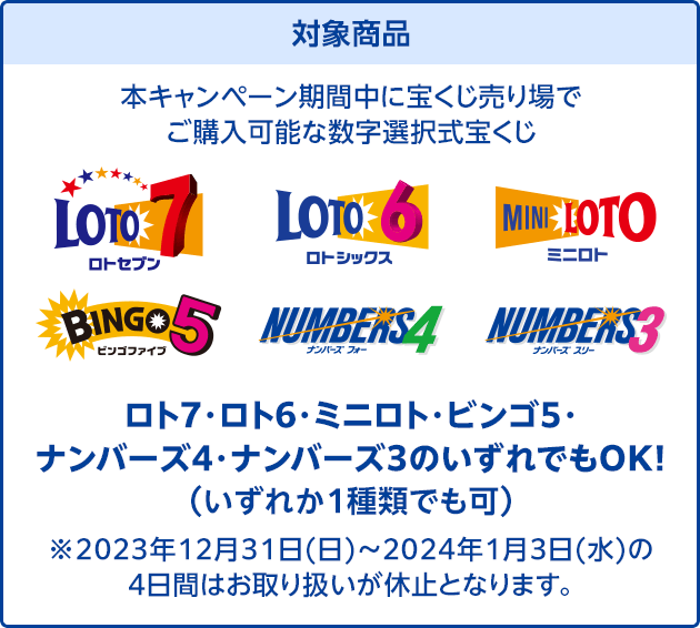 対象商品 本キャンペーン期間中に宝くじ売り場でご購入可能な数字選択式宝くじ ロト7・ロト6・ミニロト・ビンゴ5・ナンバーズ4・ナンバーズ3のいずれでもOK!(いずれか1種類でも可) ※2023年12月31日(日)~2024年1月3日(水)の4日間はお取り扱いが休止となります。