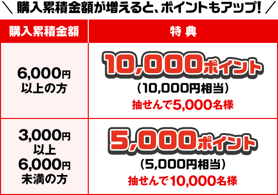 購入累積金額が増えると、ポイントもアップ! 購入累積金額6,000円以上の方 特典 10,000ポイント(10,000円相当) 抽せんで5,000名様 購入累積金額3,000円以上6,000円未満の方 特典 5,000ポイント(5,000円相当) 抽せんで10,000名様