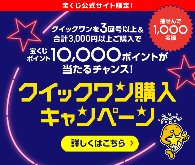 宝くじ公式サイト限定! 抽せんで1,000名様 クイックワンを3回号以上＆合計3,000円以上ご購入で宝くじポイント10,000ポイントが当たるチャンス! クイックワン購入キャンペーン 詳しくはこちら