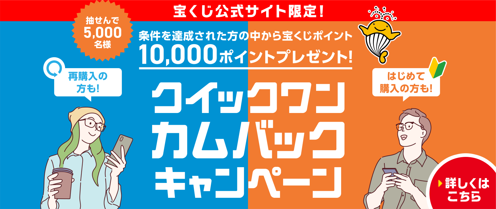 宝くじ公式サイト限定！抽せんで5,000名様 条件を達成された方の中から宝くじポイント10,000ポイントプレゼント！クイックワンカムバックキャンペーン 再購入の方も！はじめて購入の方も！詳しくはこちら