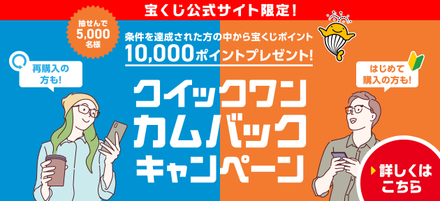 宝くじ公式サイト限定！抽せんで5,000名様 条件を達成された方の中から宝くじポイント10,000ポイントプレゼント！クイックワンカムバックキャンペーン 再購入の方も！はじめて購入の方も！詳しくはこちら