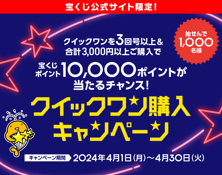 宝くじ公式サイト限定！クイックワンを3回号以上&合計3,000円以上ご購入で宝くじポイント10,000ポイントが当たるチャンス！クイックワン購入キャンペーン キャンペーン期間 2024年4月1日(月)〜4月30日(火)