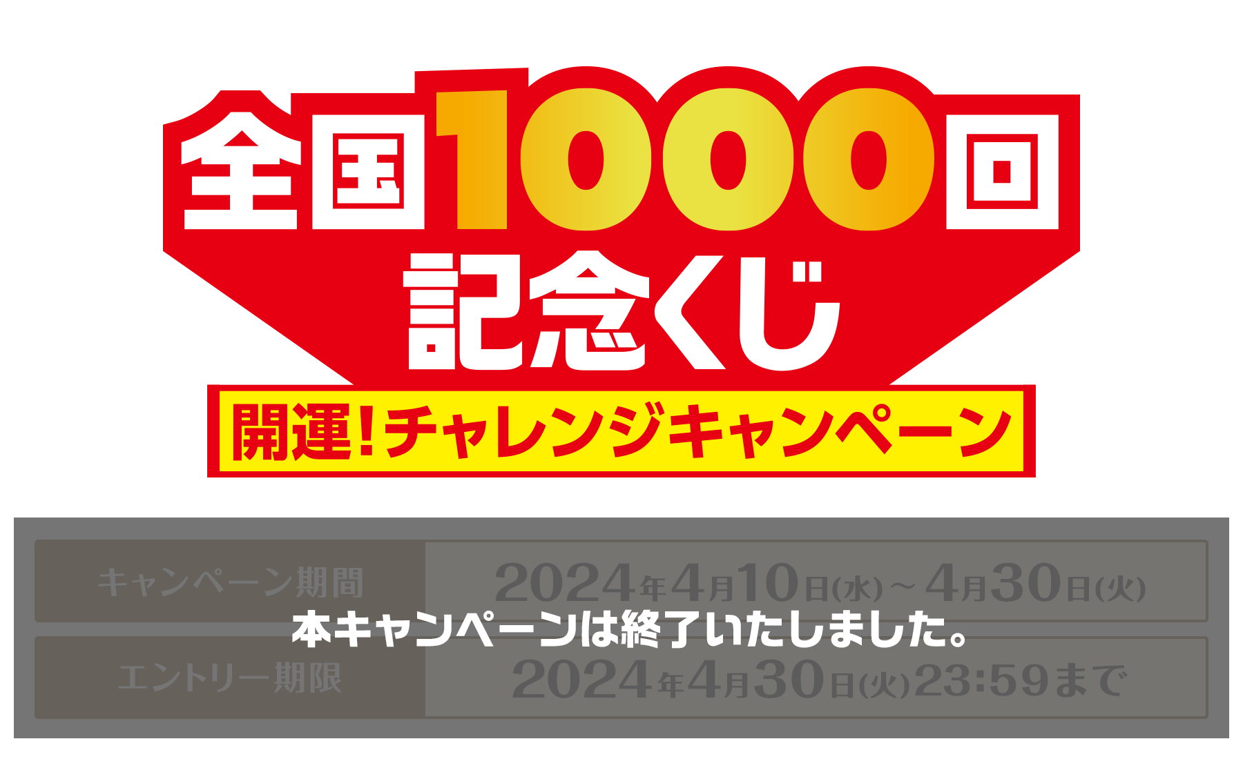 全国1000回記念くじ 開運！チャレンジキャンペーン キャンペーン期間2024年4月10日(水)〜4月30日(火) エントリー期限2024年4月30日(火)23:59まで 本キャンペーンは終了いたしました。