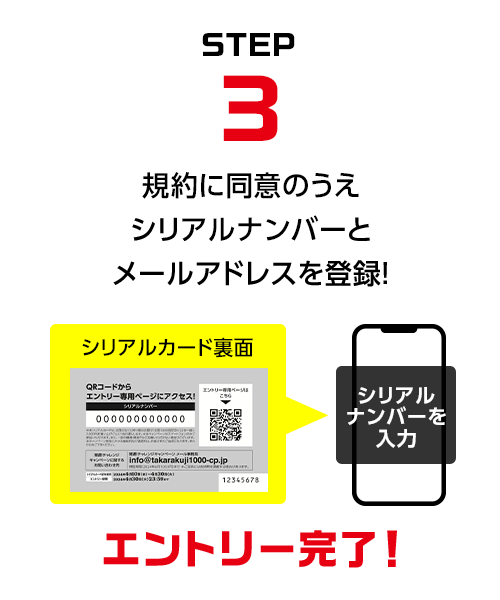 STEP3 規約に同意のうえシリアルナンバーとメールアドレスを登録！エントリー完了！