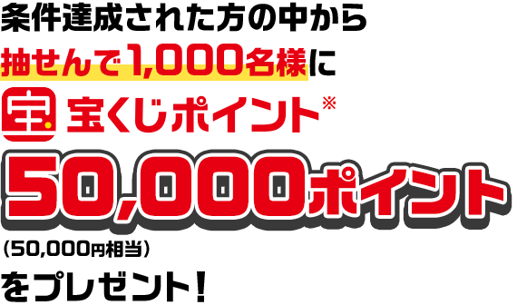 条件達成された方の中から抽せんで1,000名様に宝くじポイント※50,000ポイント（50,000円相当）をプレゼント！