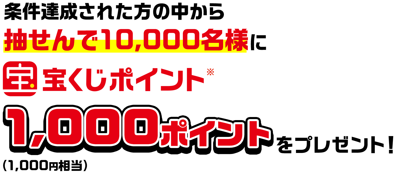 条件達成された方の中から抽せんで10,000名様に宝くじポイント※1,000ポイント(1,000円相当)をプレゼント!