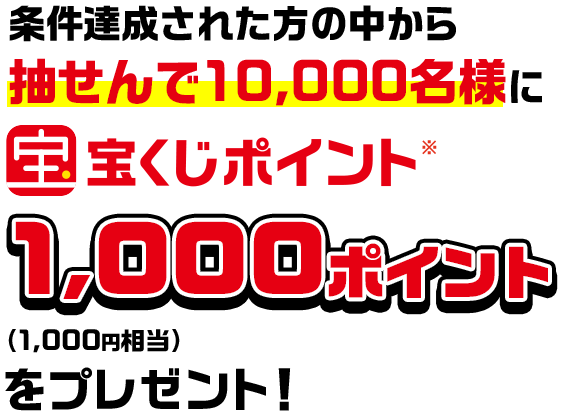 条件達成された方の中から抽せんで10,000名様に宝くじポイント※1,000ポイント(1,000円相当)をプレゼント!