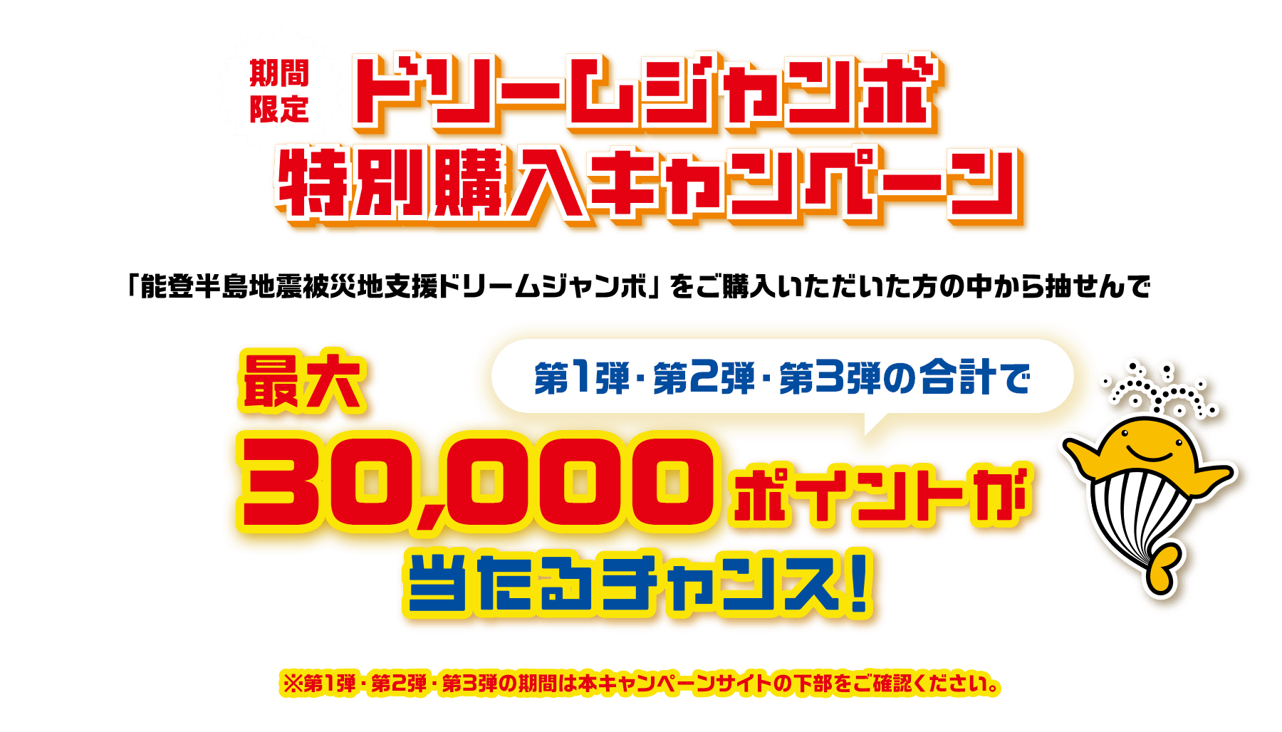 期間限定ドリームジャンボ特別購入キャンペーン「能登半島地震被災地支援ドリームジャンボ」をご購入いただいた方の中から抽せんで第1弾・第2弾・第3弾の合計で最大30,000ポイントが当たるチャンス！※第1弾・第2弾・第3弾の期間は本キャンペーンサイトの下部をご確認ください。