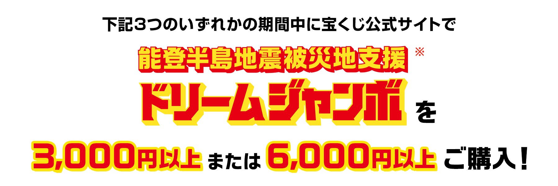 下記3つのいずれかの期間中に宝くじ公式サイトで能登半島地震被災地支援ドリームジャンボを3,000円以上または6,000円以上ご購入!