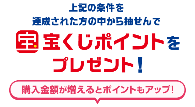 上記の条件を達成された方の中から抽せんで宝くじポイントをプレゼント!購入金額が増えるとポイントもアップ!
