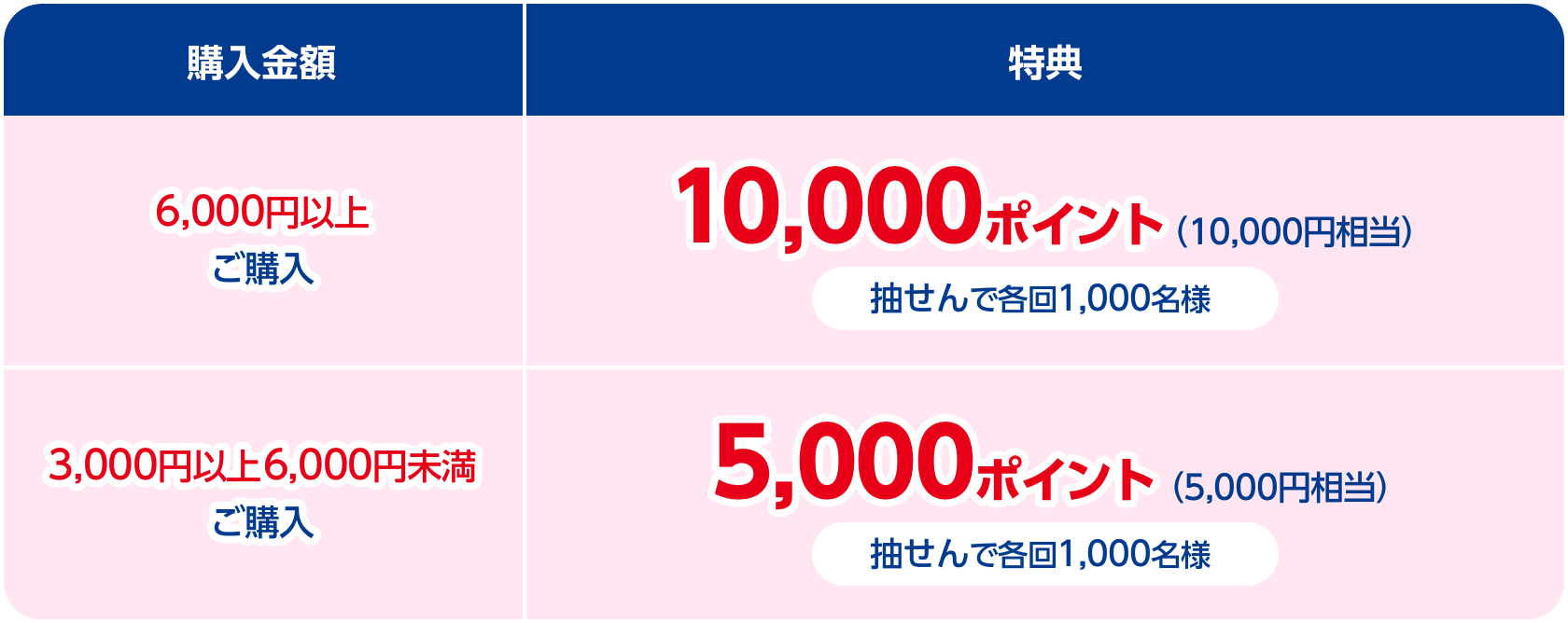 6,000円以上ご購入:10,000ポイント(10,000円相当)抽せんで各回1,000名様、3,000円以上6,000円未満ご購入:5,000ポイント(5,000円相当)抽せんで各回1,000名様