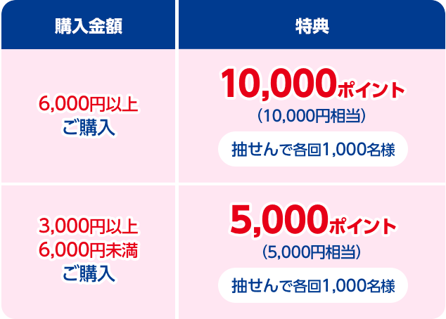 6,000円以上ご購入:10,000ポイント(10,000円相当)抽せんで各回1,000名様、3,000円以上6,000円未満ご購入:5,000ポイント(5,000円相当)抽せんで各回1,000名様