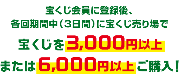 宝くじ会員に登録後、各回期間中(3日間)に宝くじ売り場で宝くじを3,000円以上または6,000円以上ご購入!