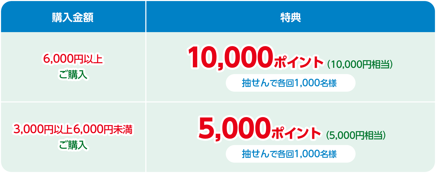 6,000円以上ご購入:10,000ポイント(10,000円相当)抽せんで各回1,000名様、3,000円以上6,000円未満ご購入:5,000ポイント(5,000円相当)抽せんで各回1,000名様