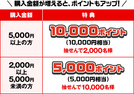 購入金額が増えると、ポイントもアップ! 購入金額5,000円以上の方 特典 10,000ポイント(10,000円相当) 抽せんで2,000名様 購入金額2,000円以上5,000円未満の方 特典 5,000ポイント(5,000円相当) 抽せんで10,000名様
