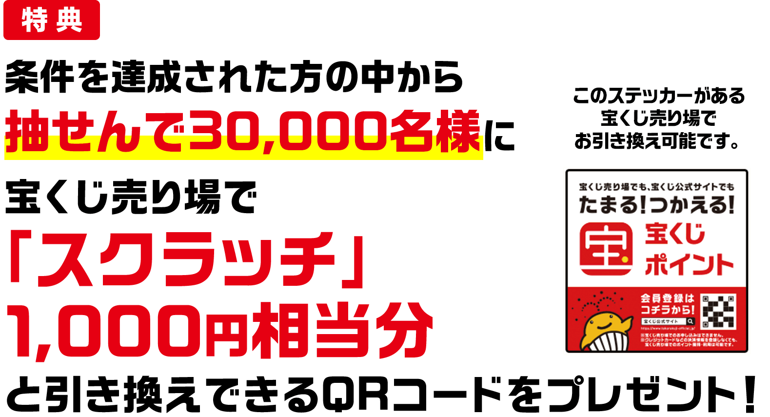 特典 条件を達成された方の中から抽せんで30,000名様に宝くじ売り場で「スクラッチ」1,000円相当分と引き換えできるQRコードをプレゼント! このステッカーがある宝くじ売り場でお引き換え可能です。