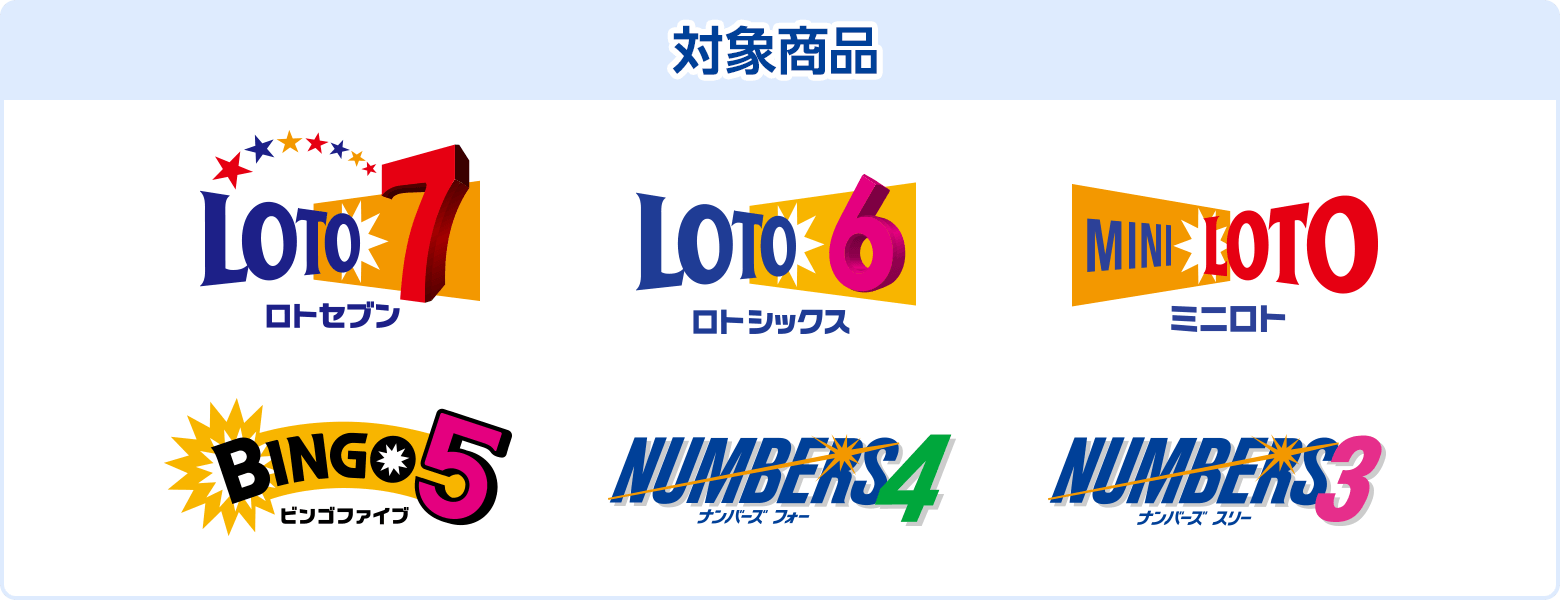 対象商品 ロト7・ロト6・ミニロト・ビンゴ5・ナンバーズ4・ナンバーズ3