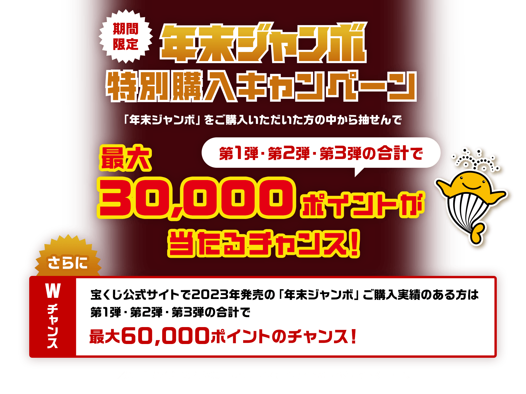 期間限定 年末ジャンボ特別購入キャンペーン「年末ジャンボ」をご購入いただいた方の中から抽せんで第1弾・第2弾・第3弾の合計で最大30,000ポイントが当たるチャンス！ さらにWチャンス宝くじ公式サイトで2023年発売の「年末ジャンボ」ご購入実績のある方は第1弾・第2弾・第3弾の合計で最大60,000ポイントのチャンス！※第1弾・第2弾・第3弾の期間は本キャンペーンサイトの下部をご確認ください。