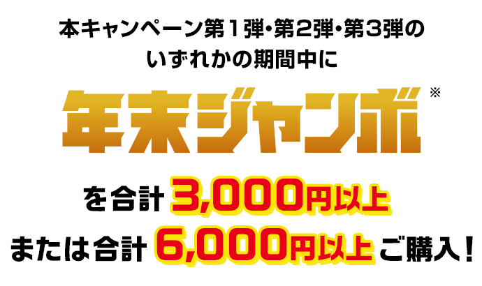 本キャンペーン第1弾・第2弾・第3弾のいずれかの期間中に年末ジャンボ※を合計3,000円以上または合計6,000円以上ご購入!